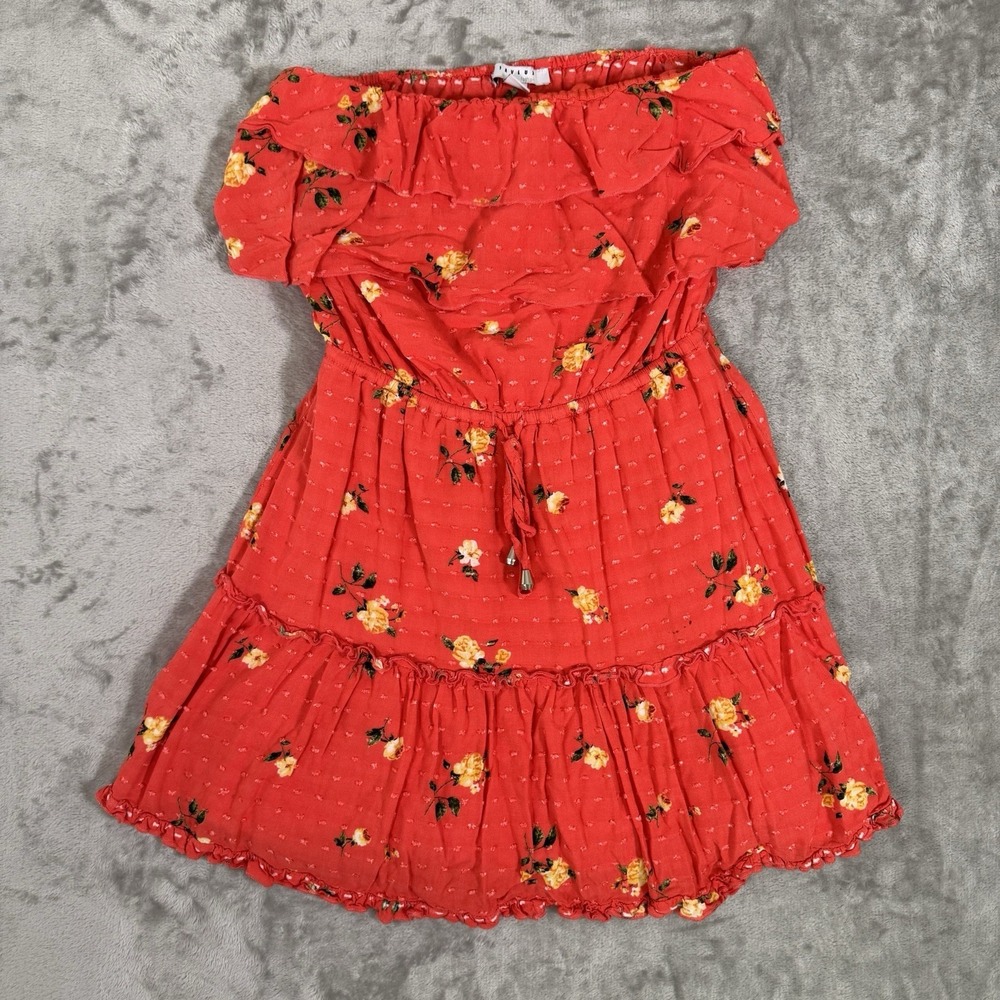 Soft Coral Floral Strapless Dress Womens S Smocked Ruffle Tiered Cottagecore